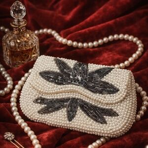 VINTAGE EMSON HANDMADE BEADED CLUTCH PEARL SEED BEADS JAPAN